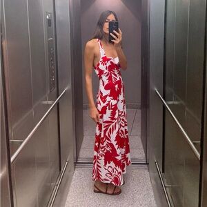 Zara linen blend printed tie neck dress